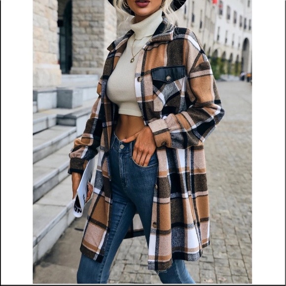 Cozy Plaid Print Button Up Oversized LIGHT Jacket Shacket Top - Picture 3 of 7